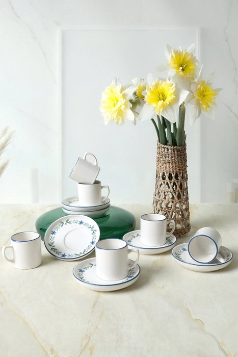 Hermia Juego de Tazas de Café de 12 Piezas - Azul, Verde y Blanco, Cerámica